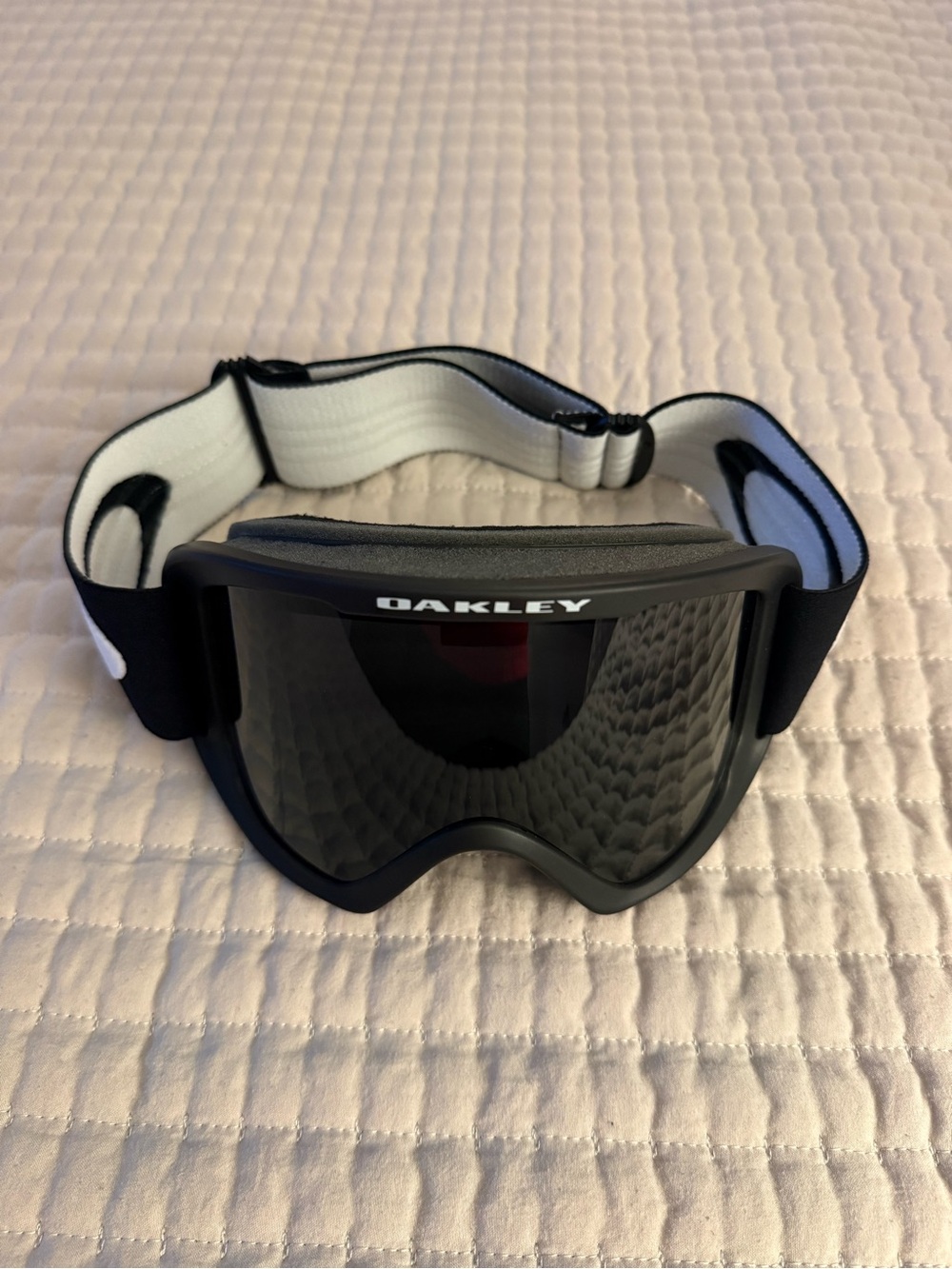 Oakley Black Snow Goggle with Dark Lens and White Strap Accents
